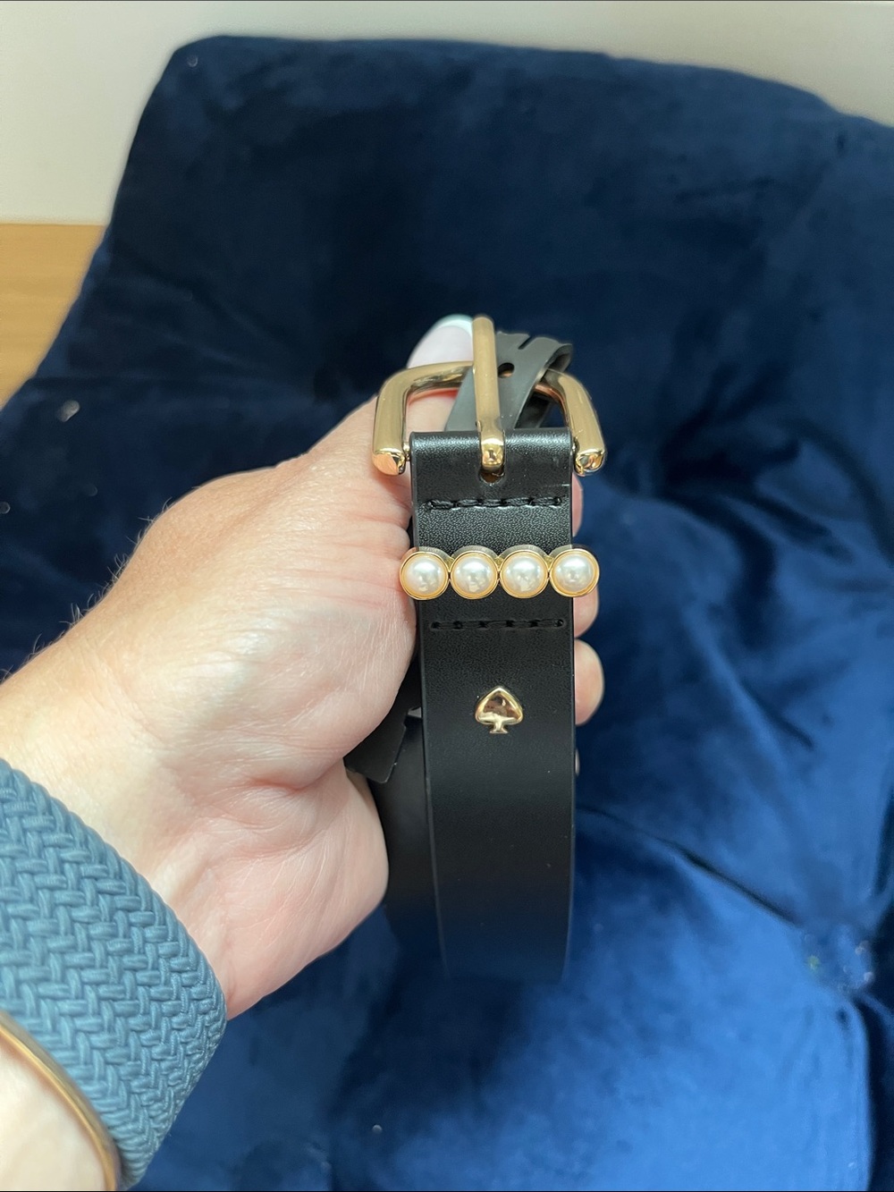 kate spade black leather belt with gold buckle and pearl detail size XL
